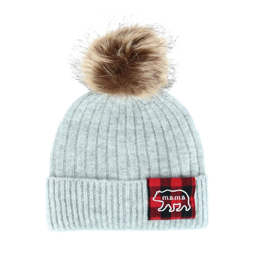 2868 David & Young Mama Bear Beanie Hat with Plaid Patch and Pom, Grey